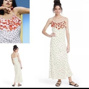 Rixo Woman's Polka Dot Slip Dress Medium Ruffle Neckline White Maxi New